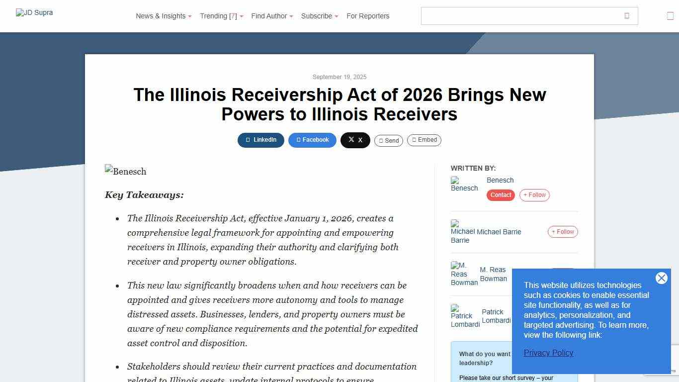 The Illinois Receivership Act of 2026 Brings New Powers to Illinois Receivers Benesch - JDSupra